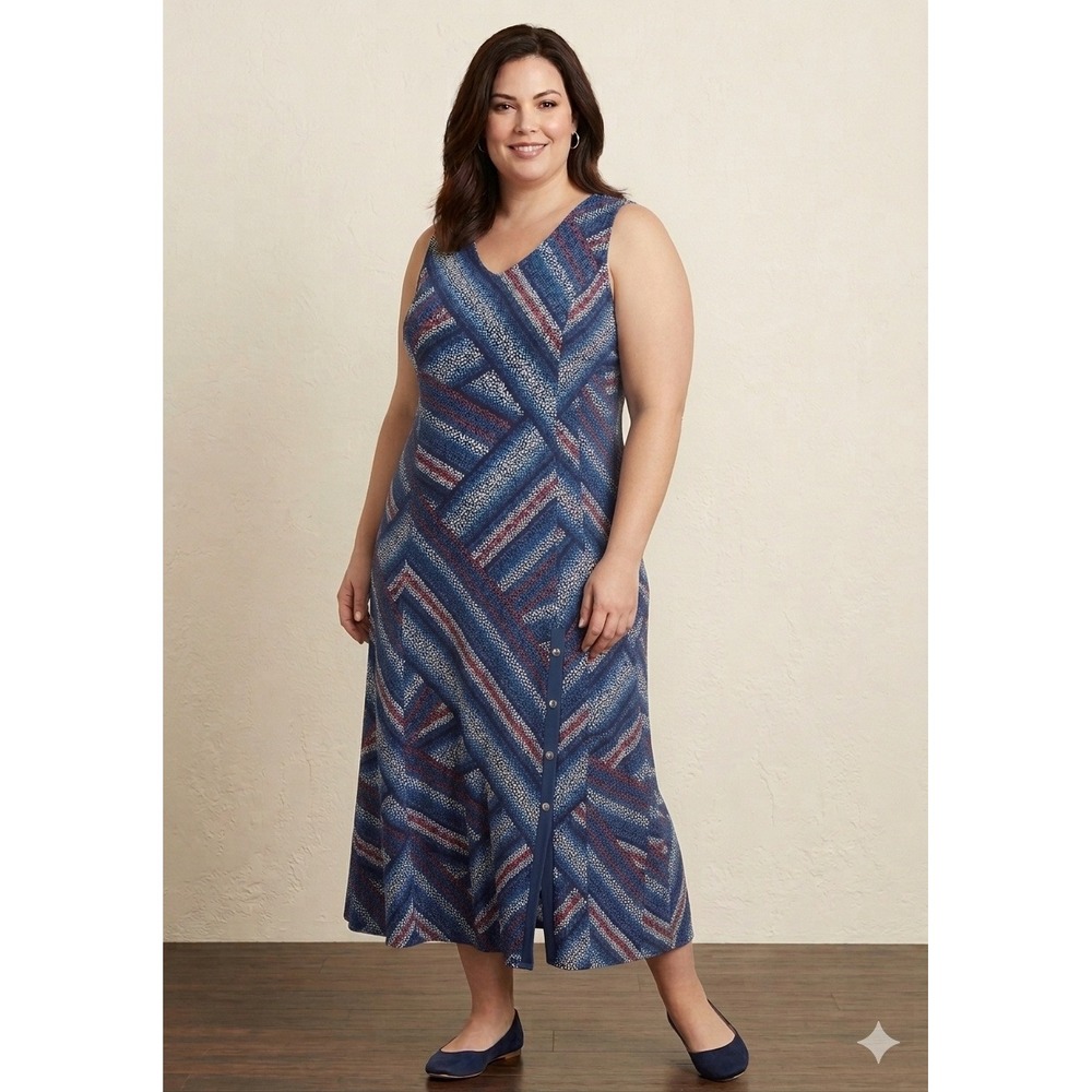 Susan Graver Maxi Dress Women 3X Blue Geometric Polka Dot Sleeveless Liquid Knit